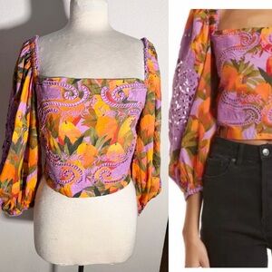 Boho Farm Rio cropped top macaws mangos print Lilac lace smocked Sz L.